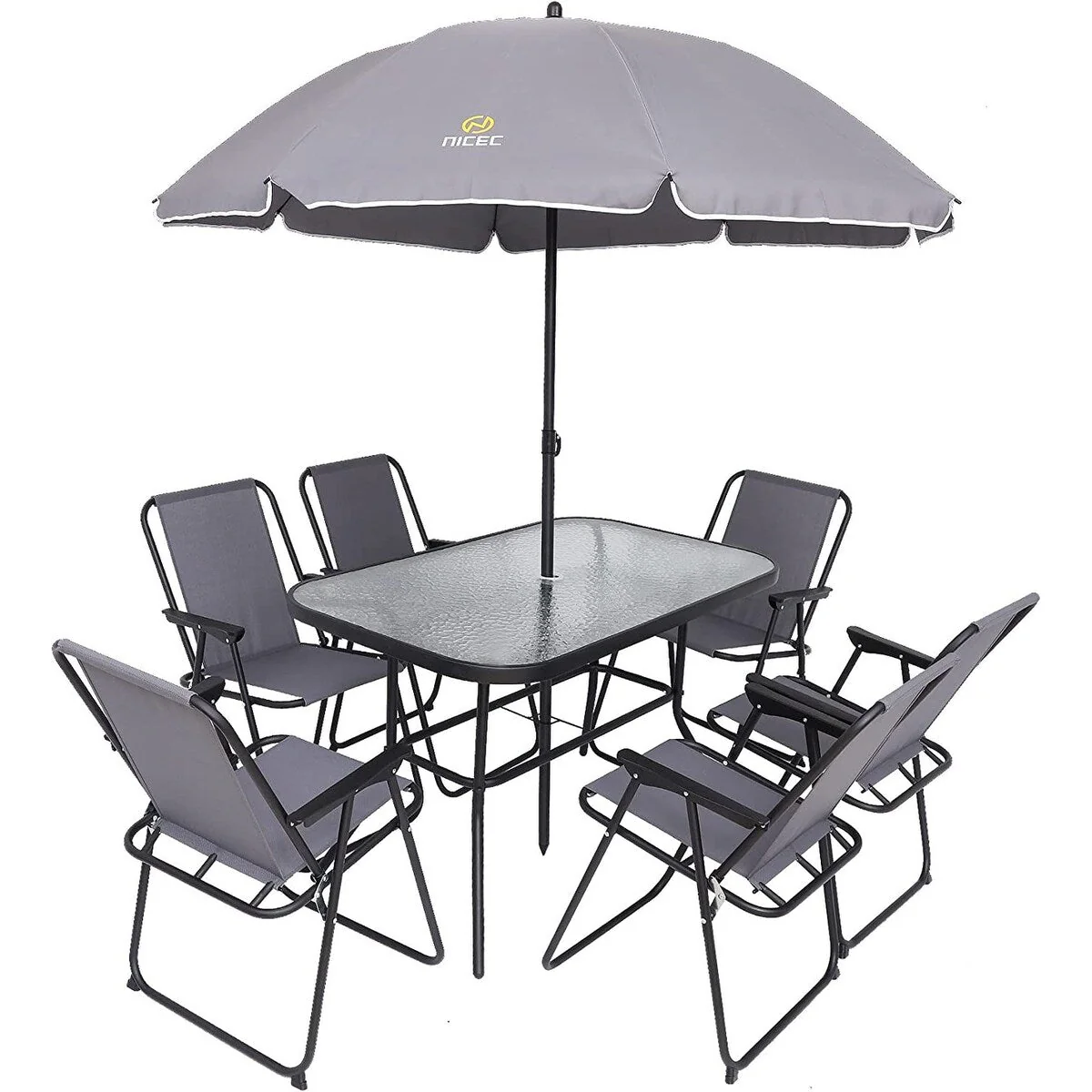 8-Piece Patio Dining Set, Garden Outdoor Table Set with Removable Umbrella, Glass Table, and 6 Folding Chairs