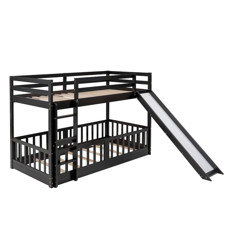 White / Brown / Grey Twin Over Twin Bunk Bed with Slide & Ladder, 2-Person