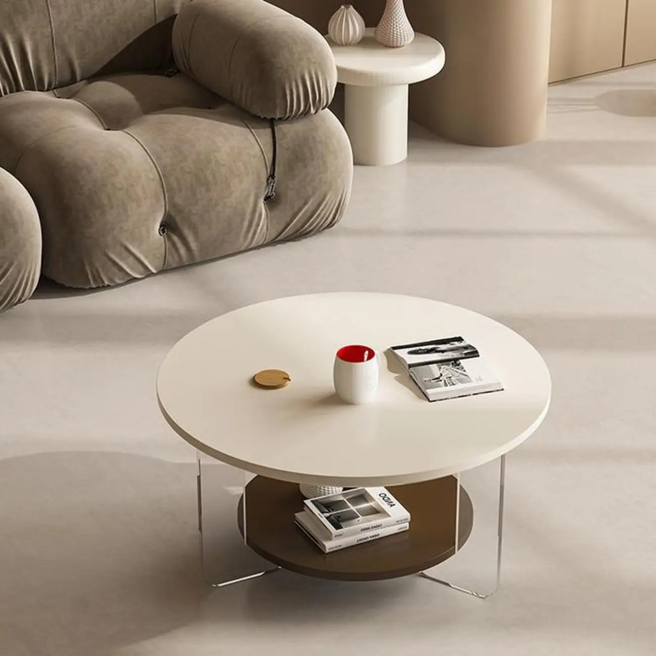 White Brown Wood Round Coffee Table with Shelf and Plastic Leg