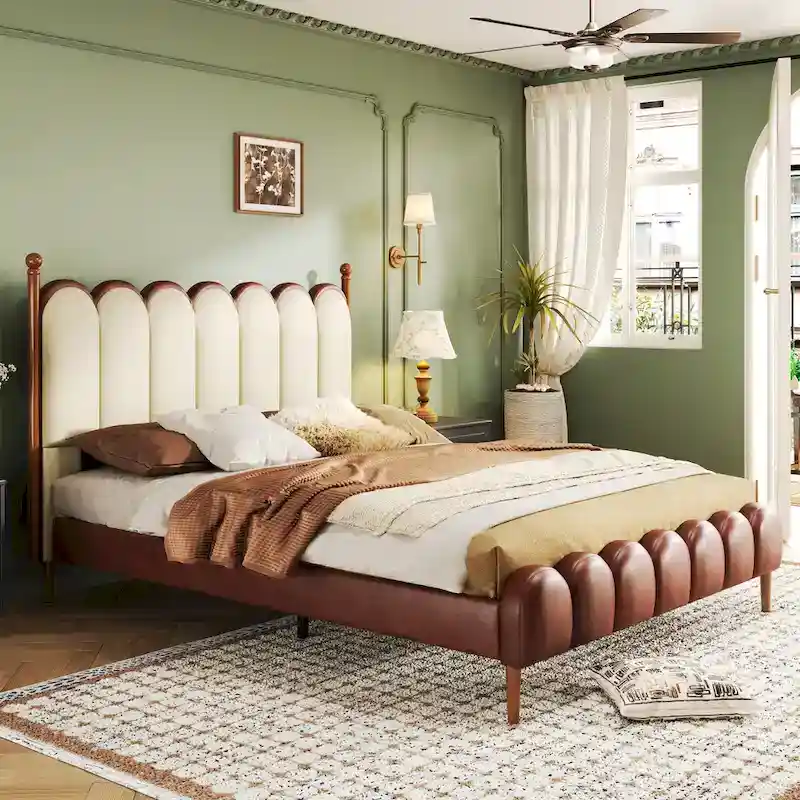 Leather Upholstered Bed with Headboard & Footboard, Solid Wood Slats & Legs