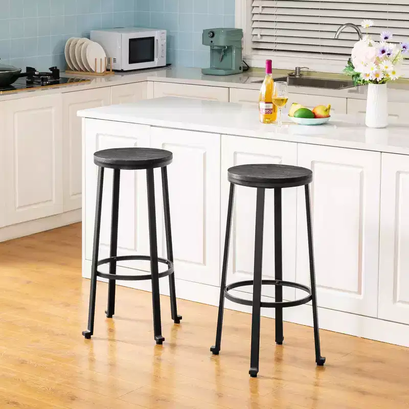 Set of 2 Steel Bar Stools with Round Elm Wood Top - Glitzhome