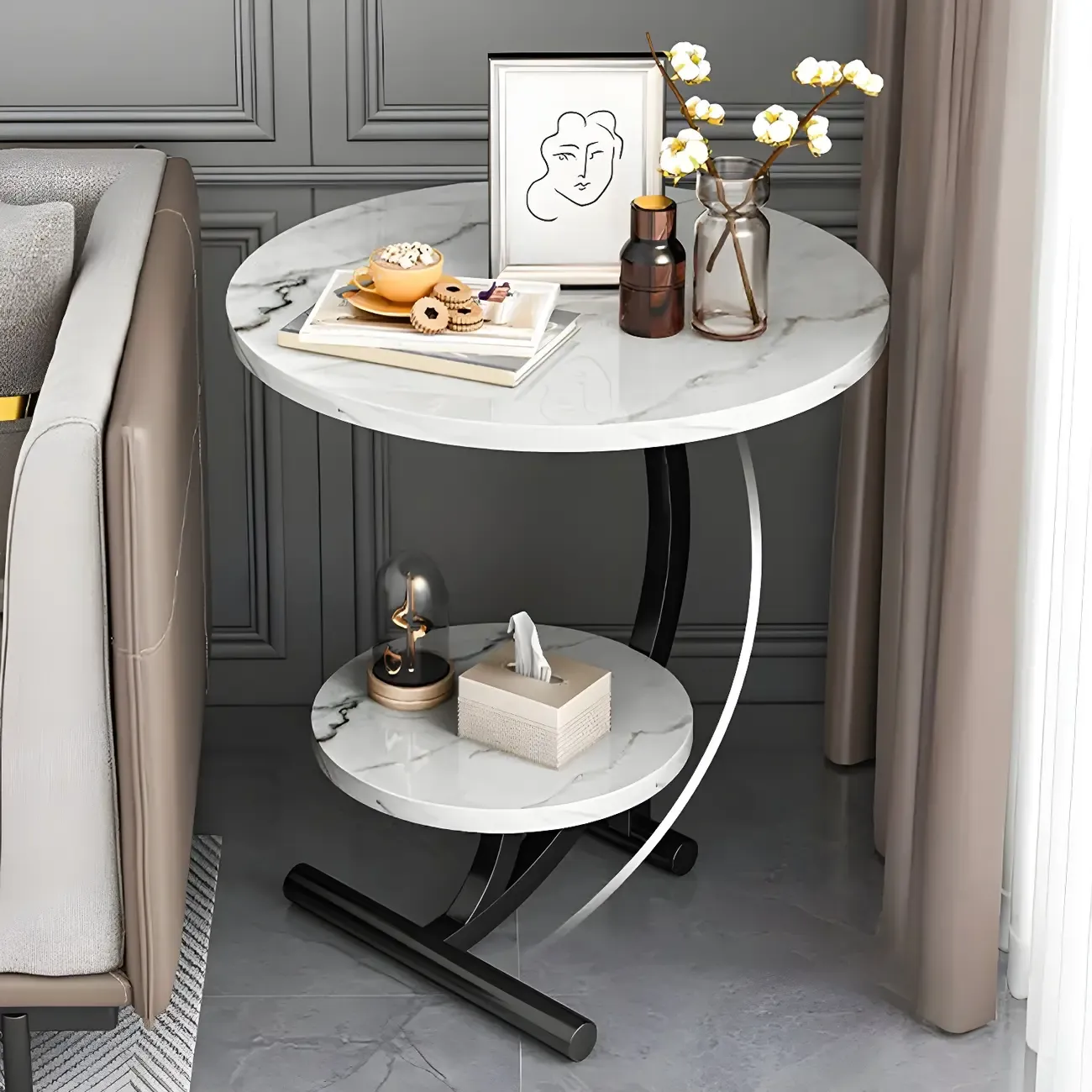 Modern Metal Frame Elegant Round Double Layer Nightstands