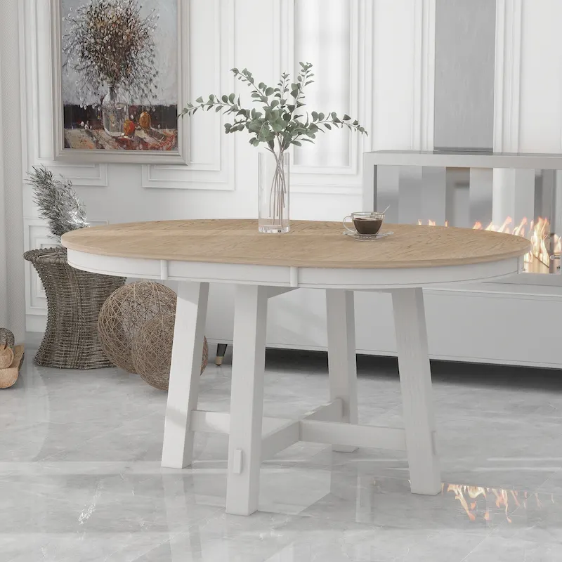 Round Extendable Dining Table, Oak/Antique White or Wood Wash, Seats 4–6