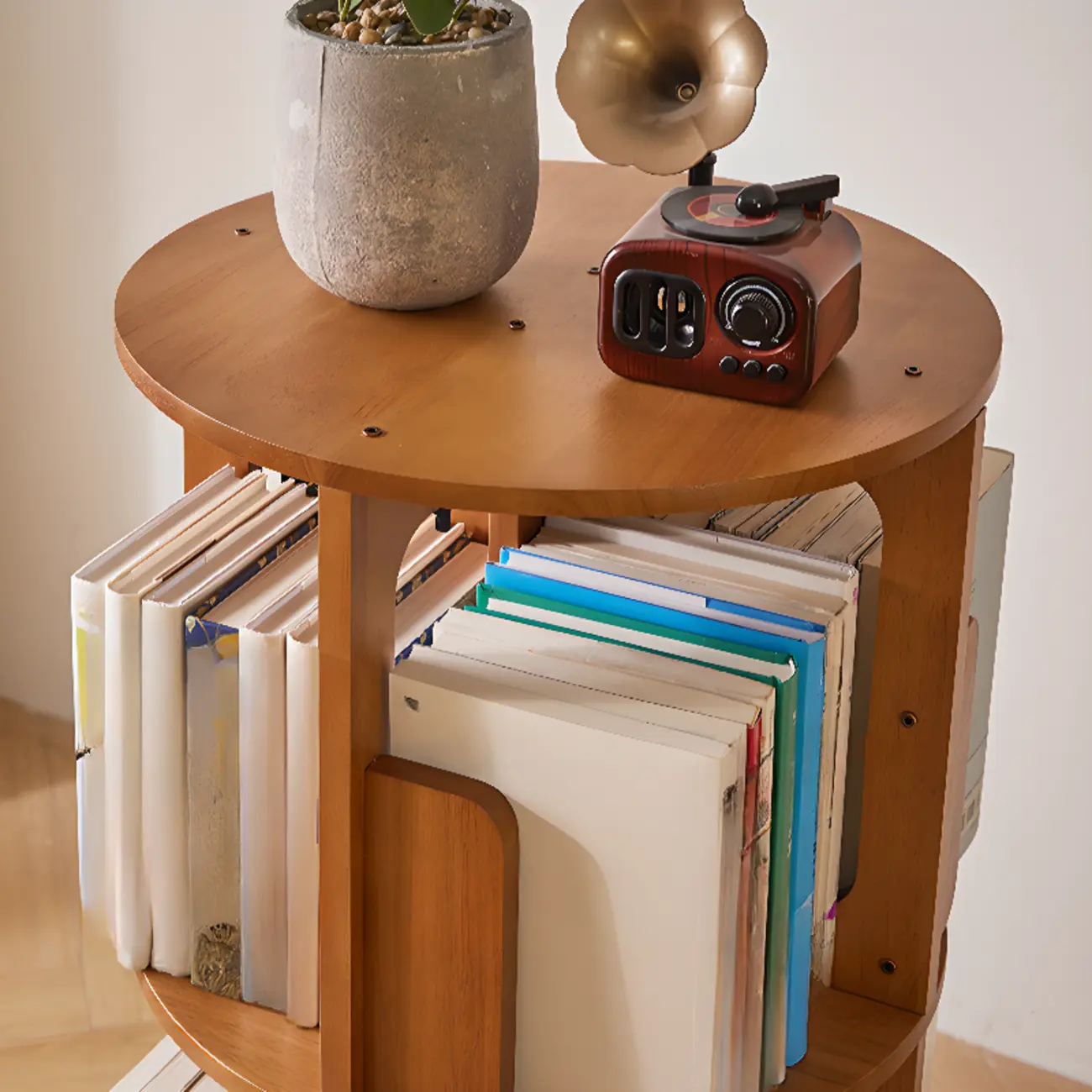 Narrow Rotating Cherry Wood Vertical Bookcase With Drawer