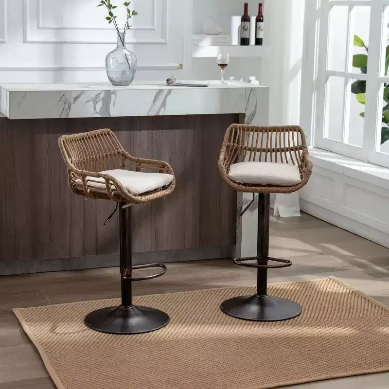 Okak Modern Swivel Counter Height Bar Stools Set of 2, Adjustable Rattan Barstools with Cushion&Footrest, Counter Stools for Kitchen