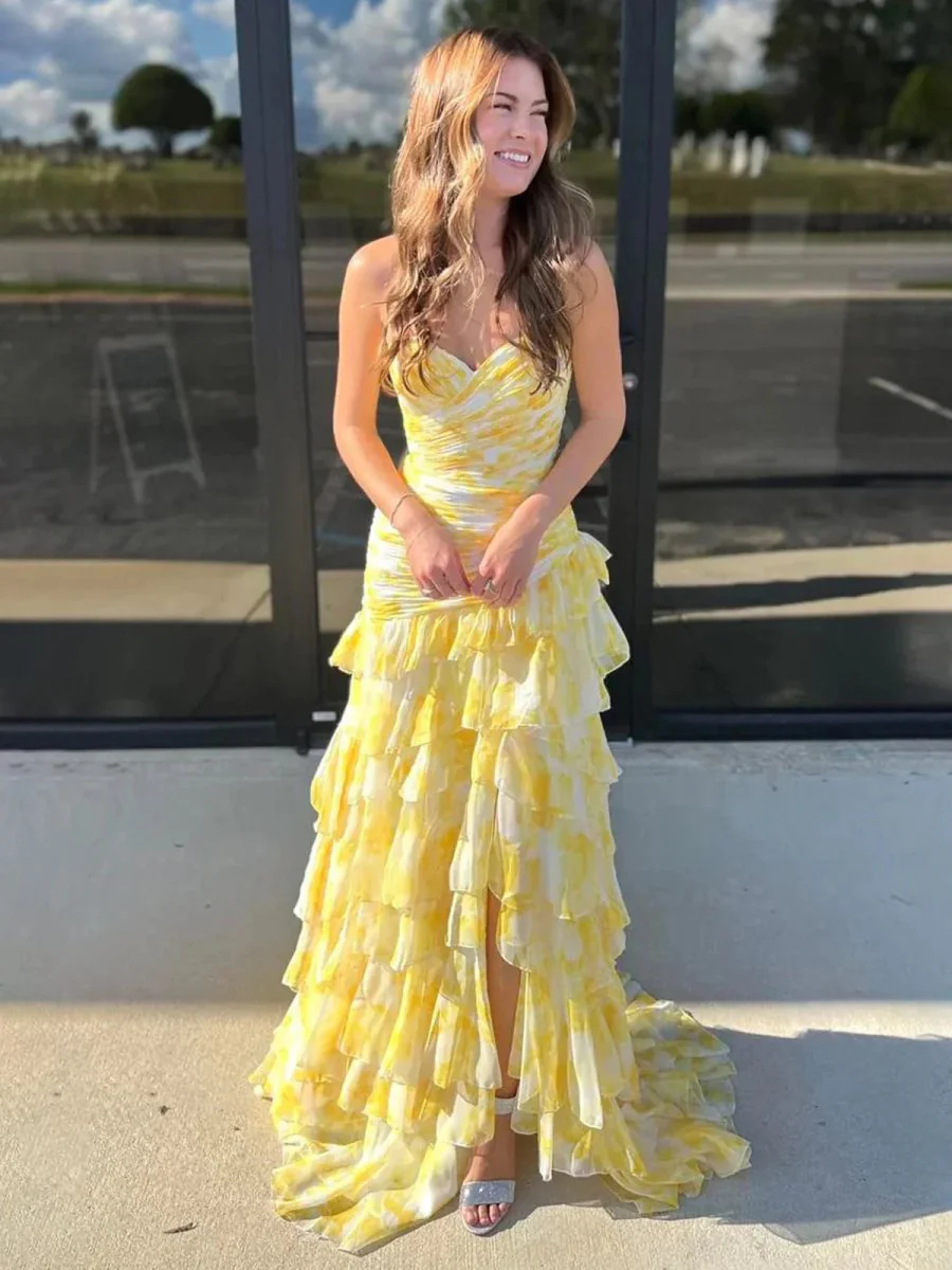 Mermaid Sweetheart Printed Chiffon Long Prom Dresses with Slit