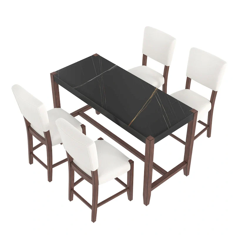 5-Piece Counter Height Dining Table Set, Faux Marble Bar Table and 4 Upholstered-Seat Chairs