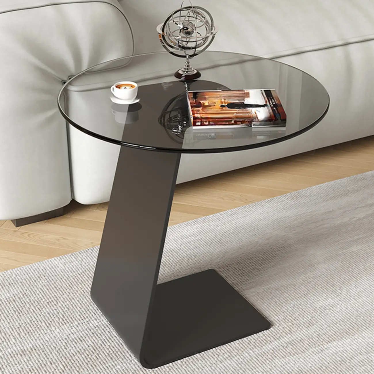 Black Glass Top Metal C-shaped End Table for Living Room