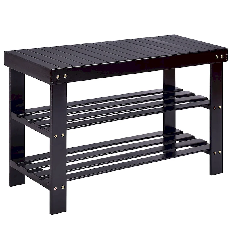 3-Tier Bamboo Shoe Rack Bench, Black / Natural, 2-Person Seat