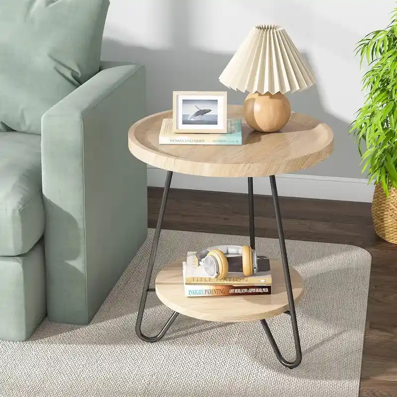 Round Side Table, Wooden End Table, 2-Tier Sofa Side Table with Metal Legs