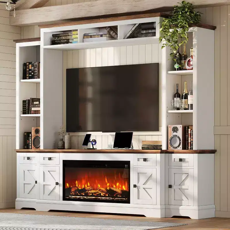 Gray & White Farmhouse Entertainment Center with Fireplace, Fits up to 78