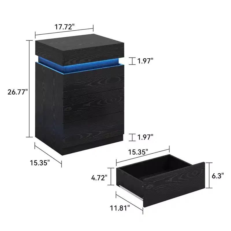 Nightstand with Built-In Charging Station and LED Lighting, 3-Drawer Sliding-Top Modern Bedside Table, Black Wooden End Table is a modern.