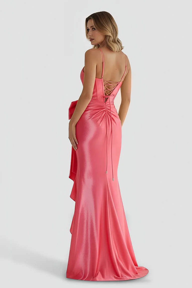 Straps V-Neck Satin Mermaid Prom Dress with Bow