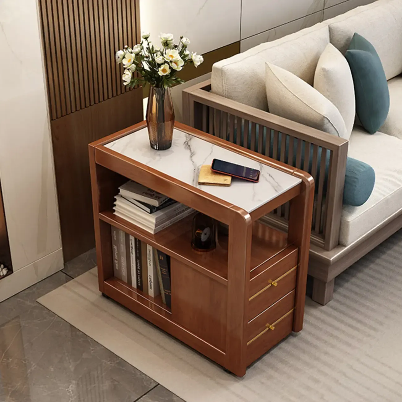 Narrow Sintered Stone Top Wheeled Side Table with Drawers