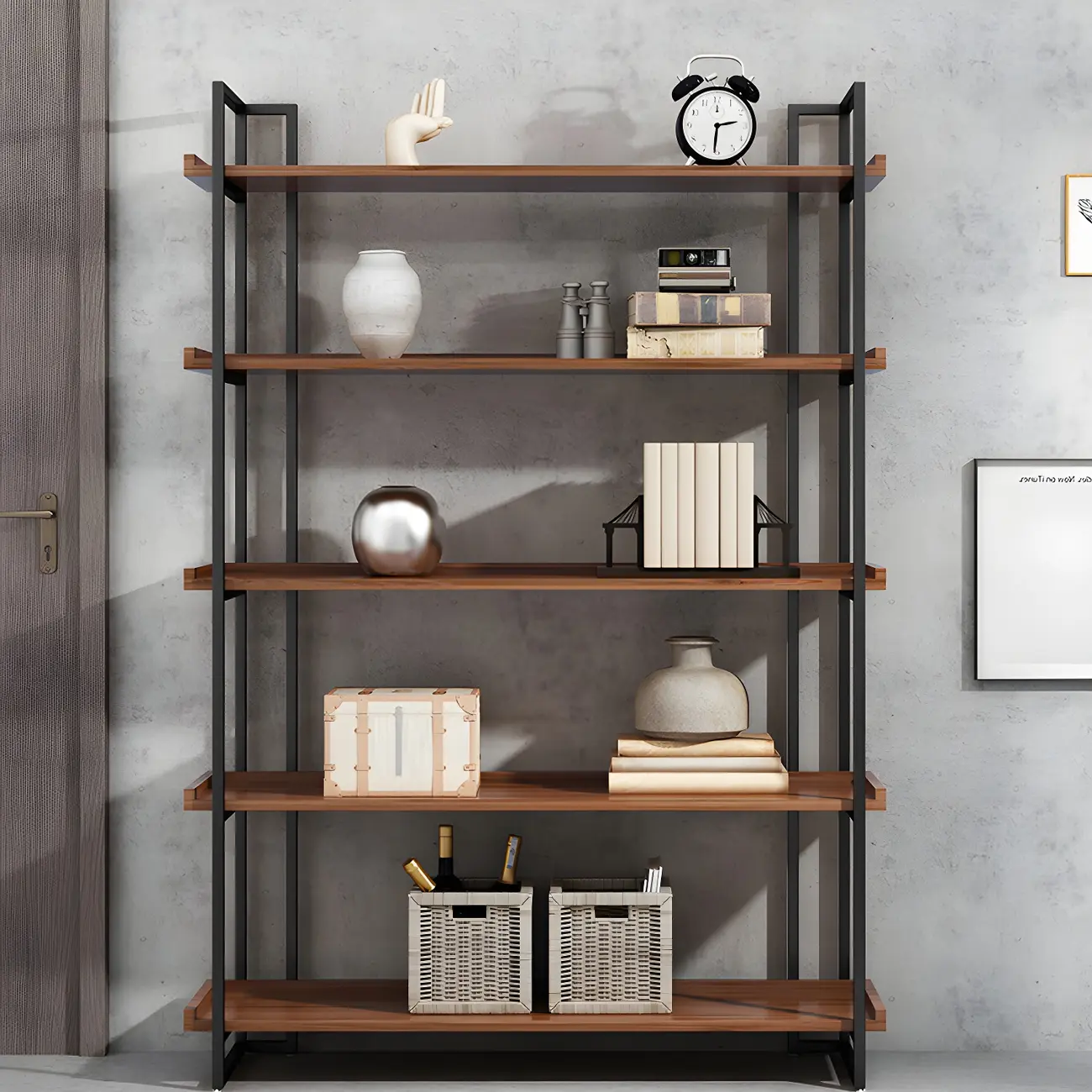 5-Shelf Industrial Metal Wood Brown Display Bookcase