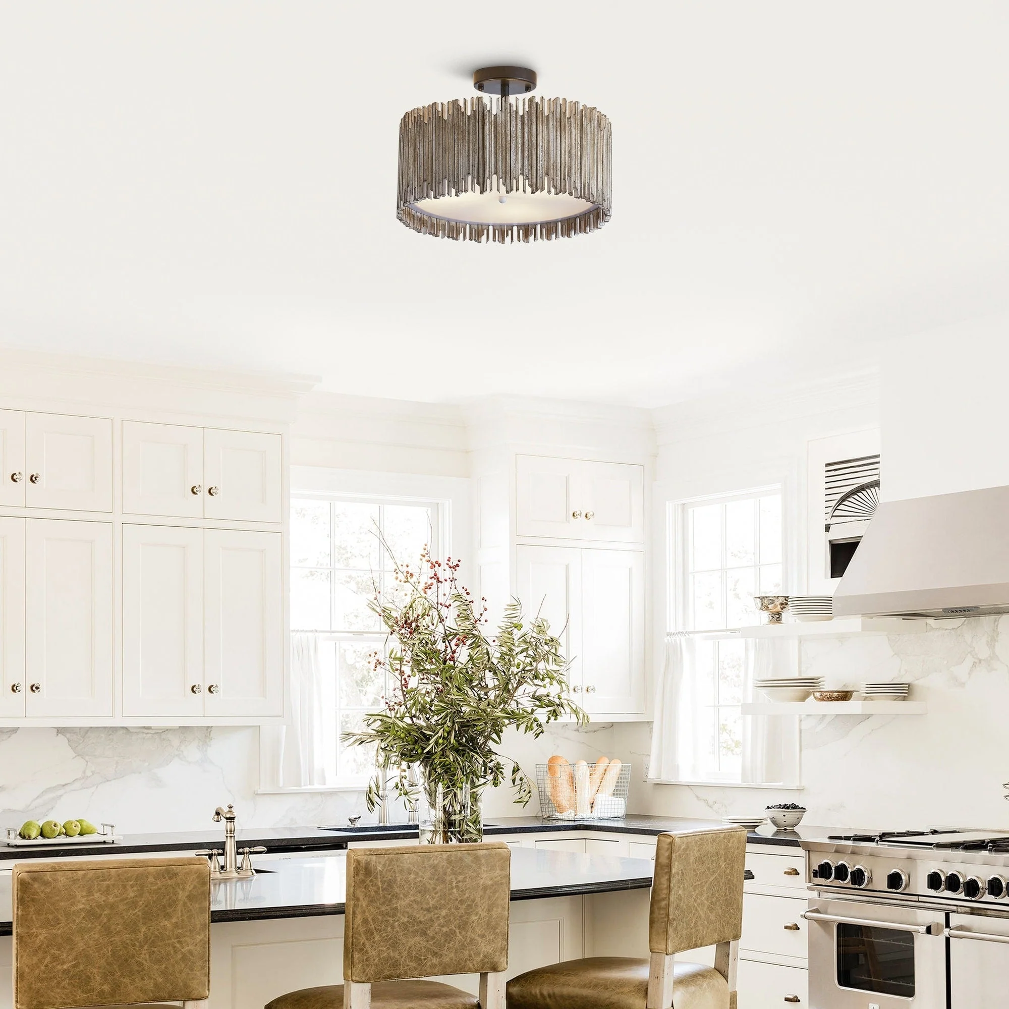 Distressed White 3-Light Wood Drum Semi-Flush Mount Ceiling Light