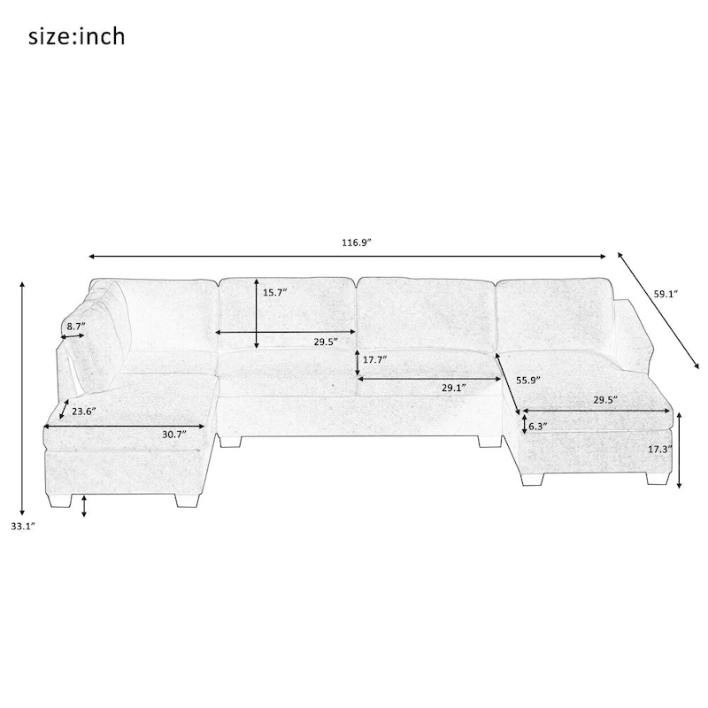 U-Shape Sectional Sofa, Double Extra Wide Chaise Lounge Couch