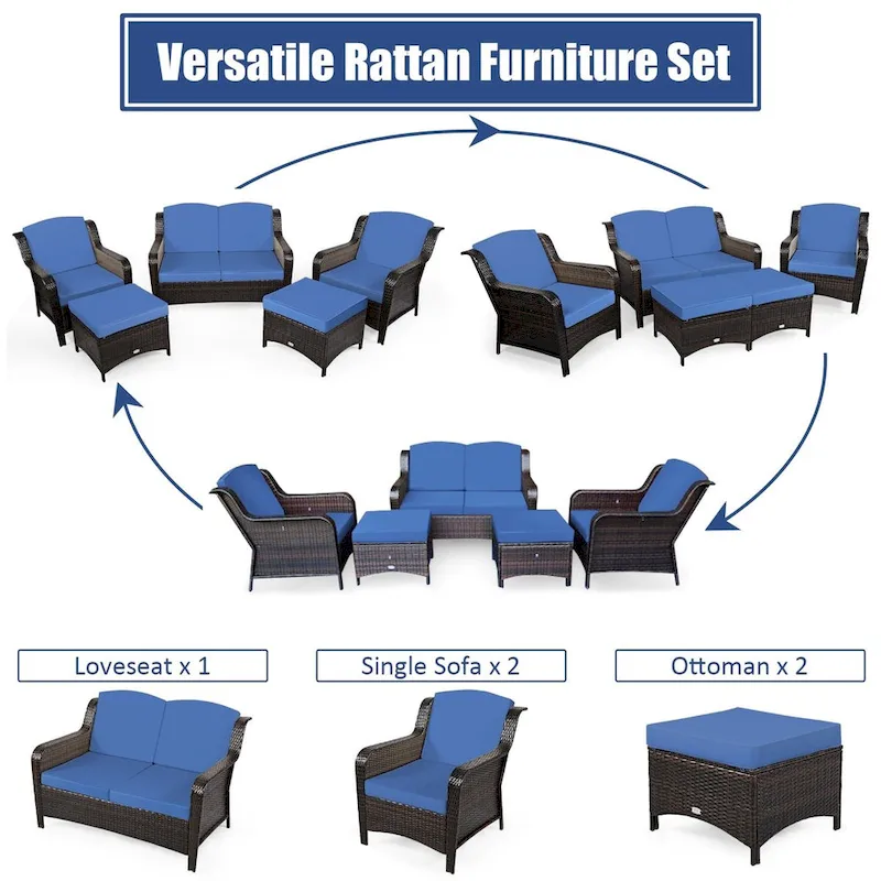 5 Pieces Patio Rattan Sofa Set with Cushion and Ottoman - 51 x 33.5 x 33 (L x W x H)