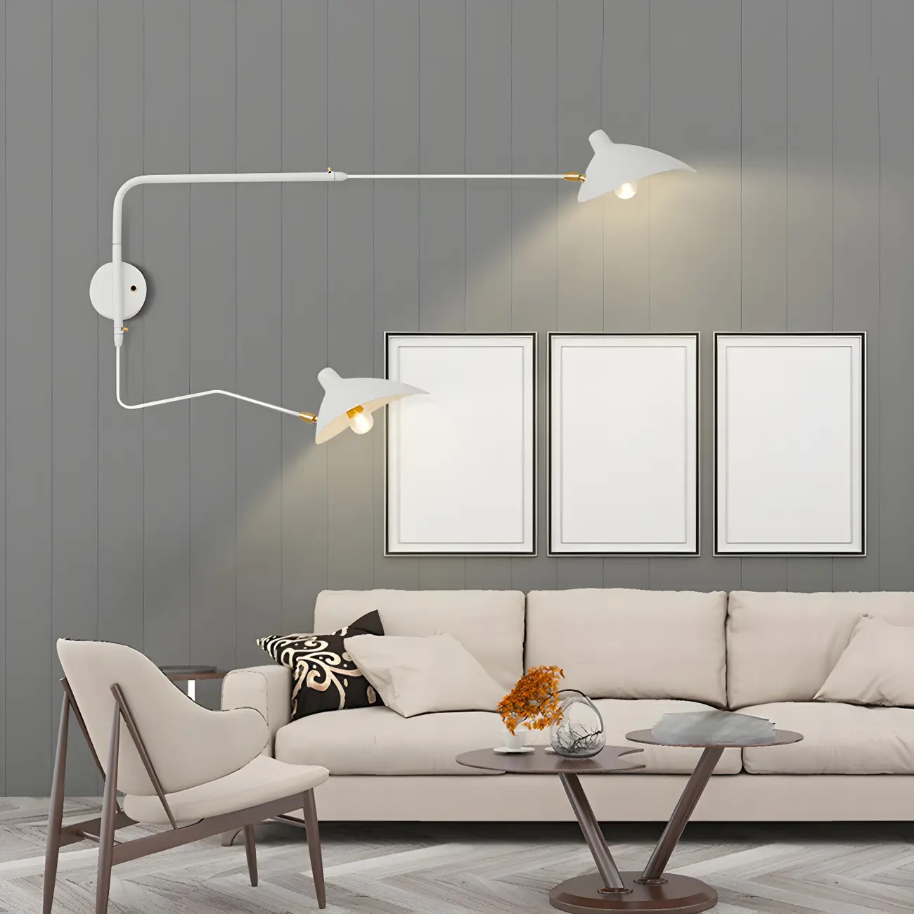 Modern 2-Light White Dual-Arm Swing Arm Wall Light
