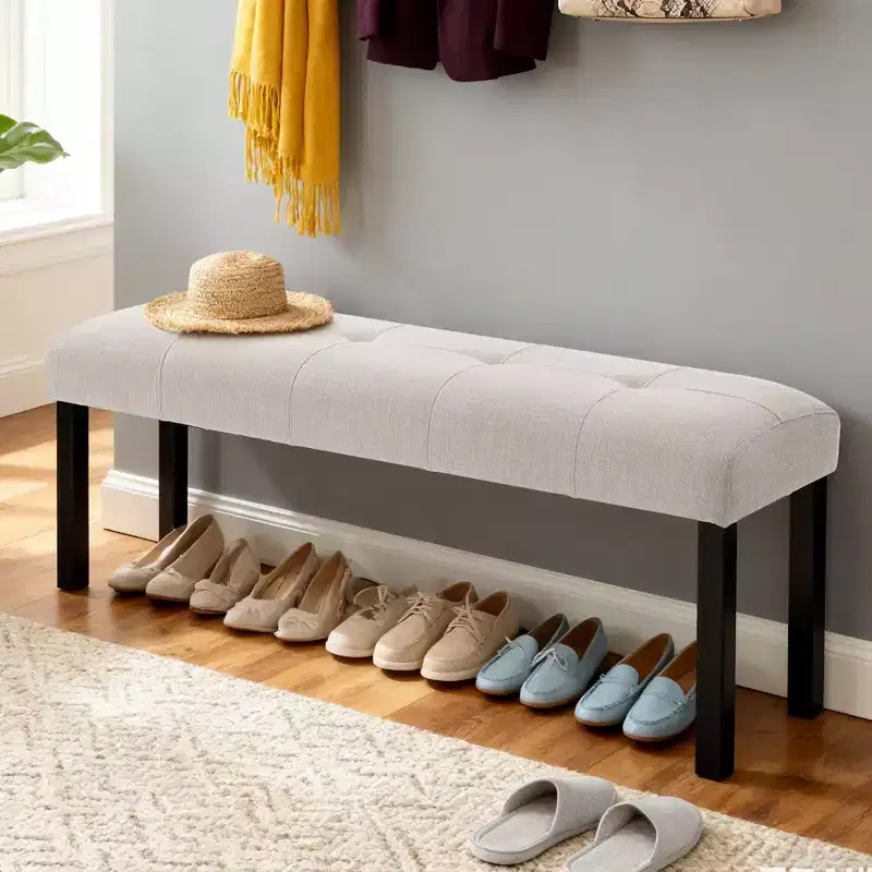 TUYOHW Modern Linen Bench with Tufted Upholstered Versatile Dining Chair Bench with Wood Leg Farmhouse End of Bed Bench for Living Room, Bedroom