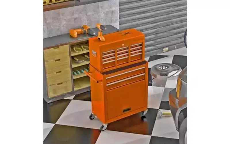 8-Drawer Rolling Tool Cabinet - Orange, High-Capacity Wheels, for Workshop/Warehouse