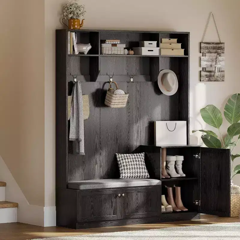 Acekool 79in Hall Tree 5-in-1 Entryway Bench, Coat Rack with 4 Hooks, Storage Cabinets & Open Shelves, for Entryway or Living Room, Rustic White