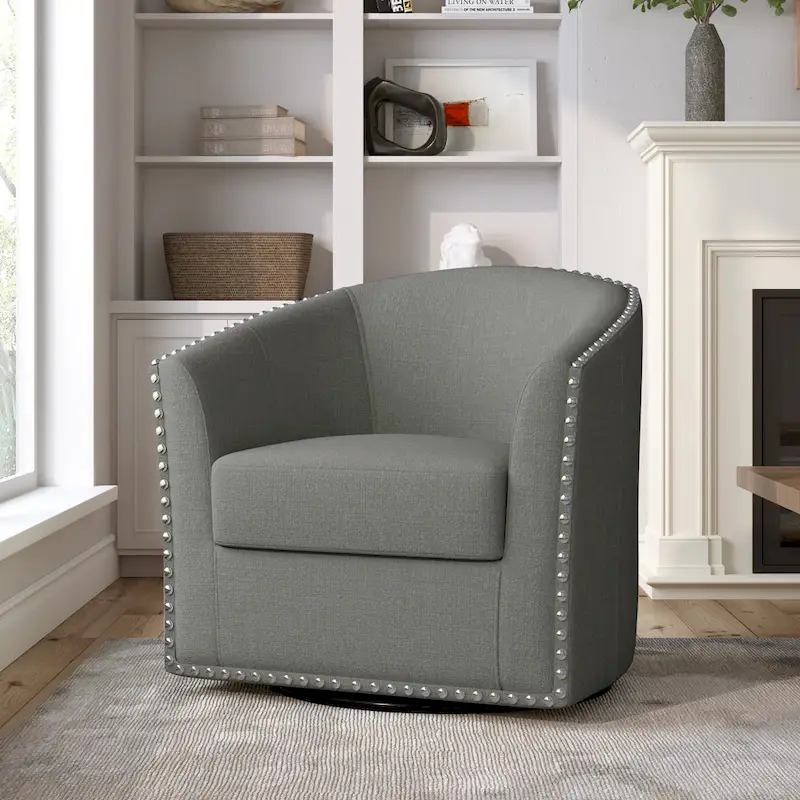 Nailhead Barrel Swivel Accent Chair – Light Camel / Grey / White / Blue / Light Grey, 1-Seat