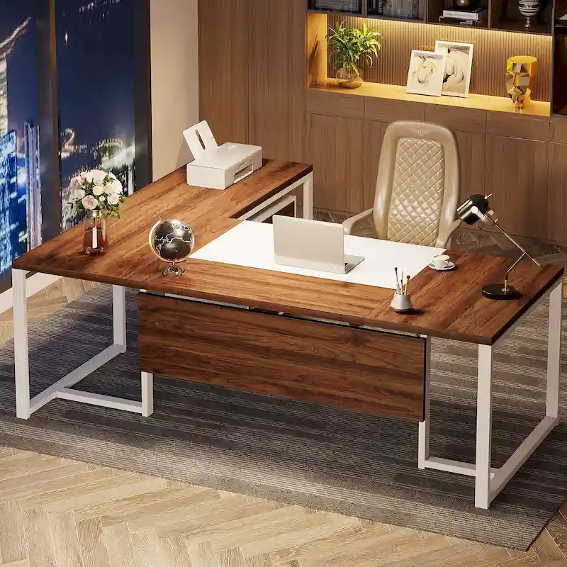 70.8 Inch Executive Desk with File Cabinet Large L Shaped Office Executive Desk Computer Desk