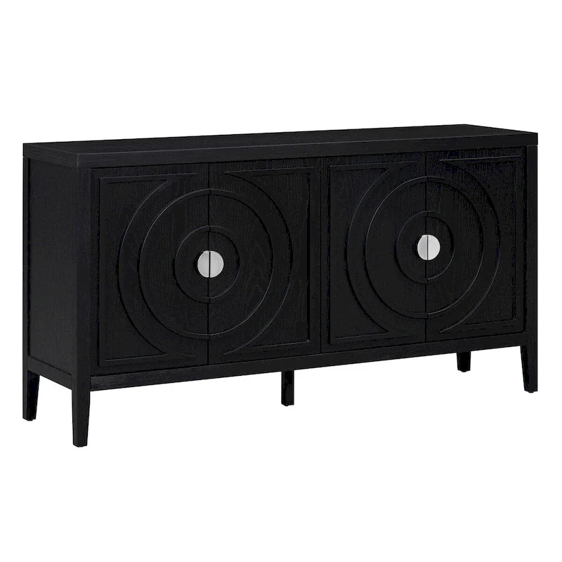 4-Door Retro Sideboard with Circular Groove Design and Round Metal Handles - 60L x 16W x 32H