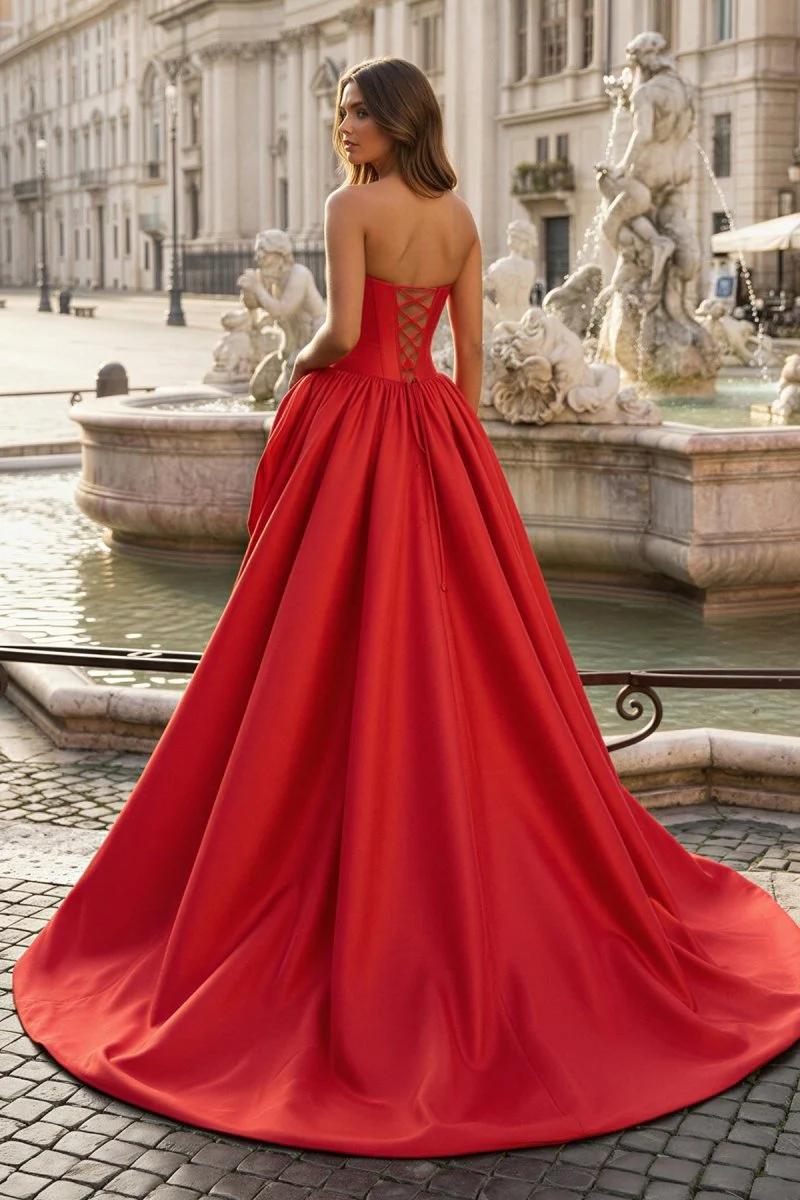 Red - Scoop Neck A Line Satin Long Prom Dress With Floral