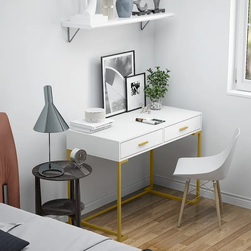 40 Inches Computer Desk White and Gold Desk with 2 Drawers
