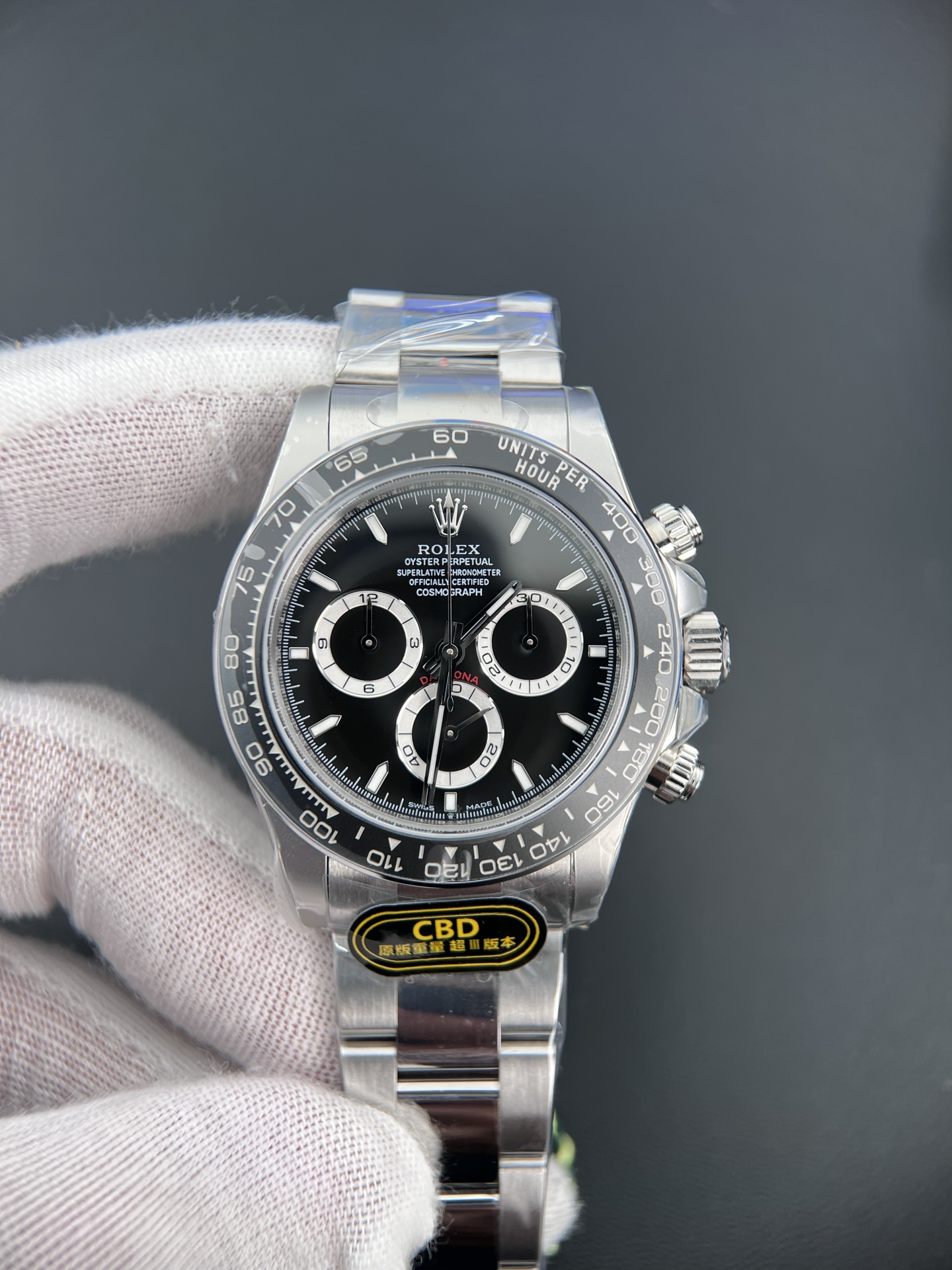 High-end imitation Rolex Daytona featuring the 4131 clone movement, steel case, black dial, and sapphire crystal