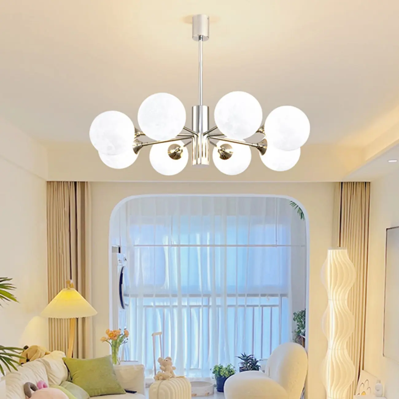 Modern Chrome Sputnik Chandelier with Globe Lampshade