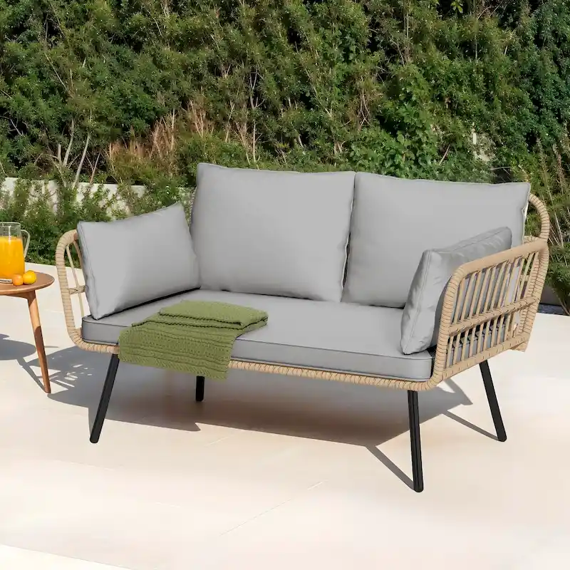 Fernald Patio Wicker Loveseat Sofa with Cushions and Lumbar Pillows