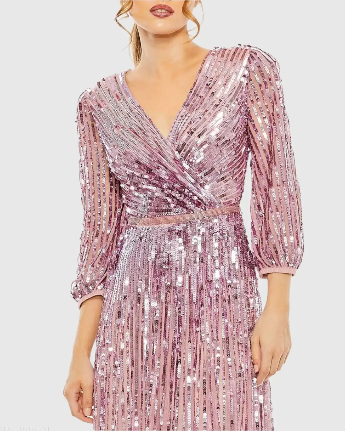 Purple Sequined Wrap Over 3/4 Sleeve Gown