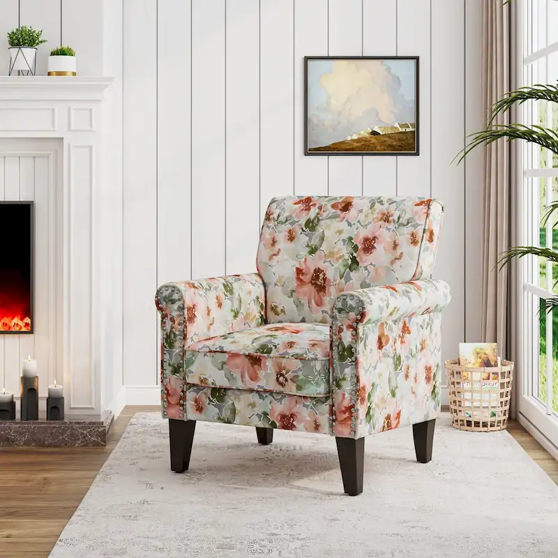 Accent Armchair, Rolled Arms, Floral Polyester, Pewter Nailhead Trim, Espresso Legs, Seats 1, Orange/Blue/Pink