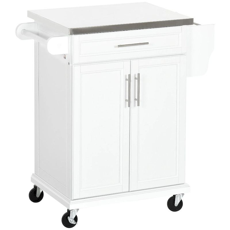 Kitchen Island on Wheels, Rolling Kitchen Cart with Stainless Steel Countertop, Drawer, Towel Rack and Spice Rack