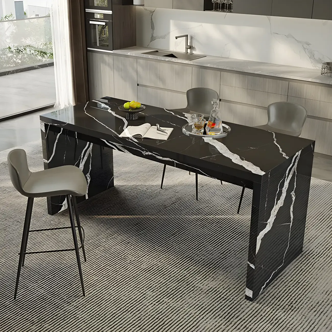 Elegant Black Marble Double Pedestal Bar Table