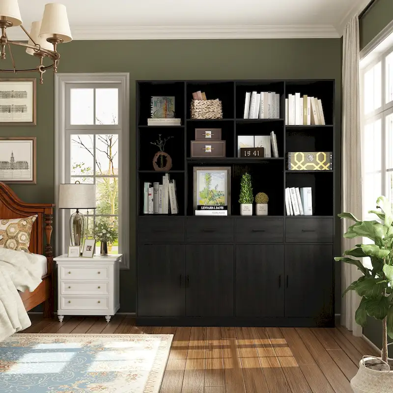 Bookshelf Bookcase with 4 Doors,4 Drawers & Storage Shelve,Black - 78.7 H