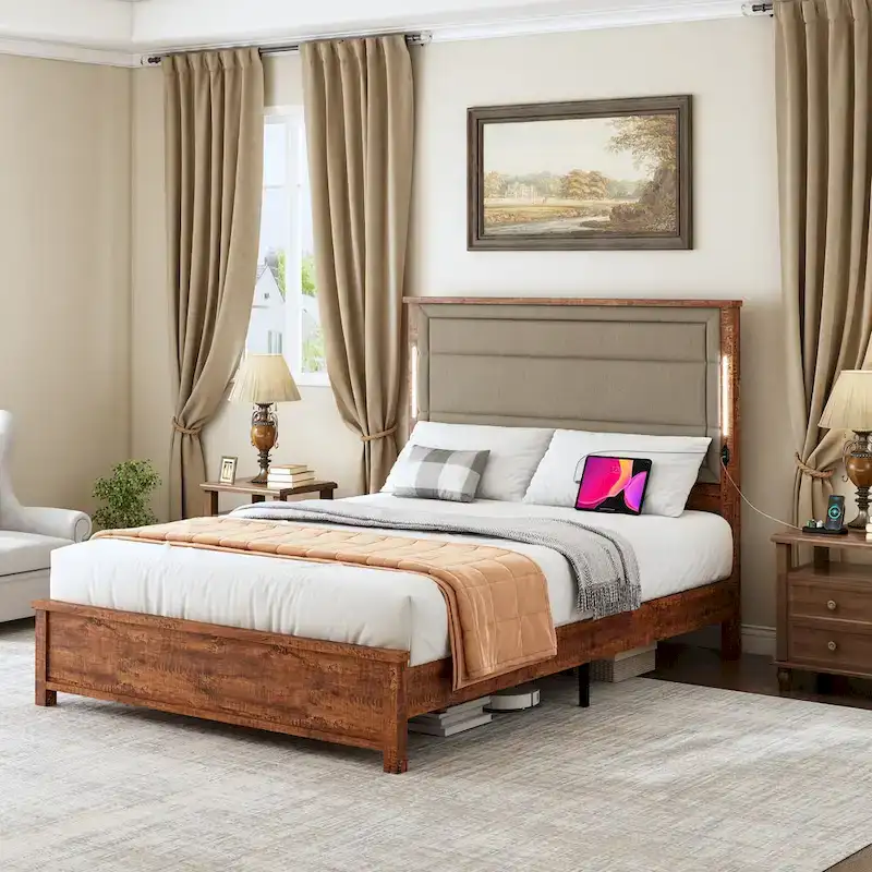 Brown Grey Upholstered Platform Bed with LED Headboard – Queen, Sleeps 2