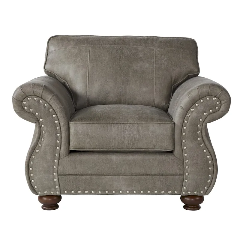 Roundhill Furniture Leinster Faux Leather Upholstered Nailhead Sofa, Loveseat, and Chair Set in Stone Gray