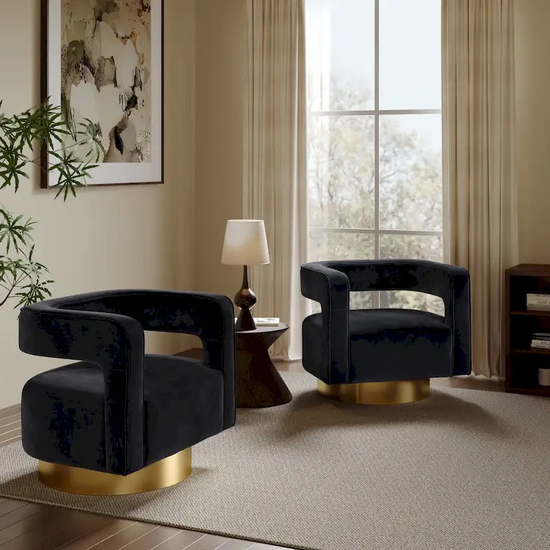 Upholstered Black Velvet Open Back Club Chair with Gold Base - 26.8  H x 29.5  W x 26  D