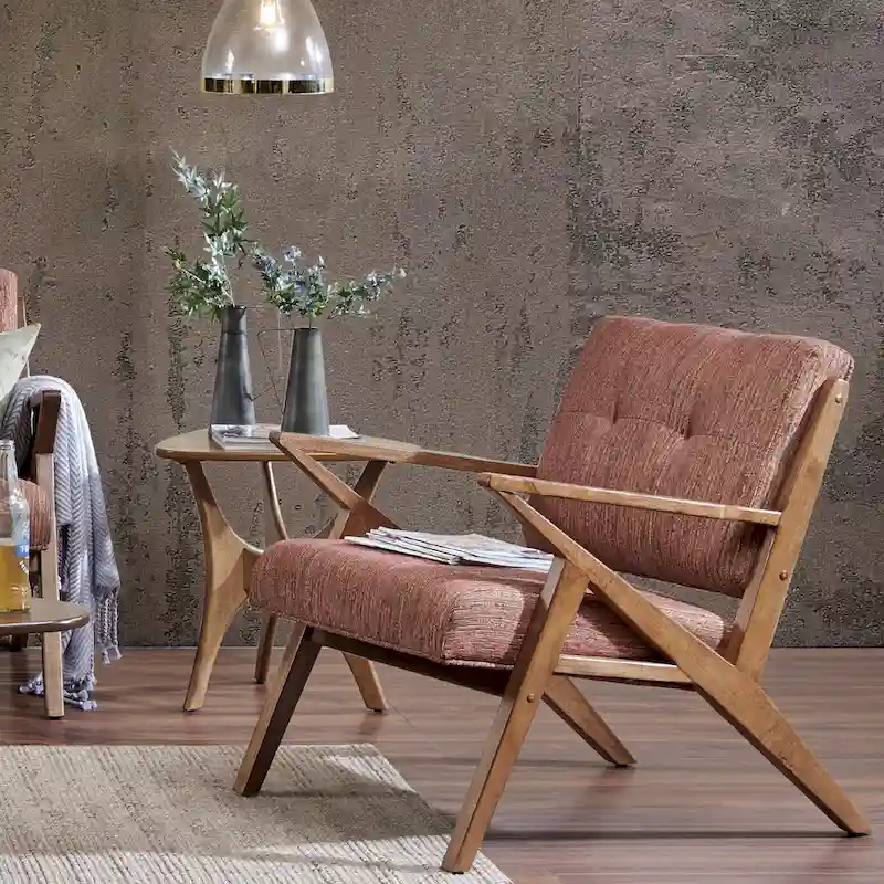 Orange / Light Grey Fabric Mid-Century Tufted Arm Chair with Angled Wood Frame – Single