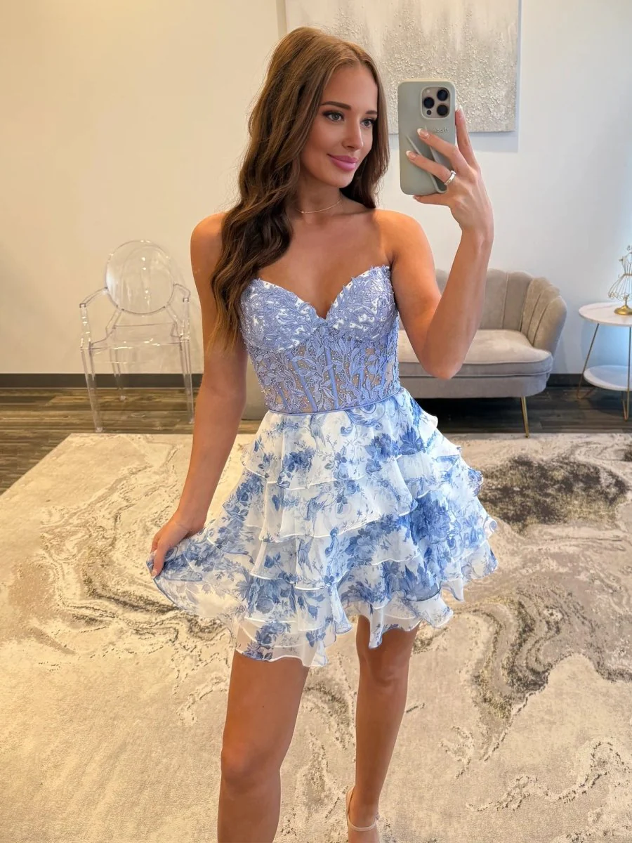 Sky Blue - A Line Sweetheart Floral Lace Corset Ruffled Homecoming Dresses