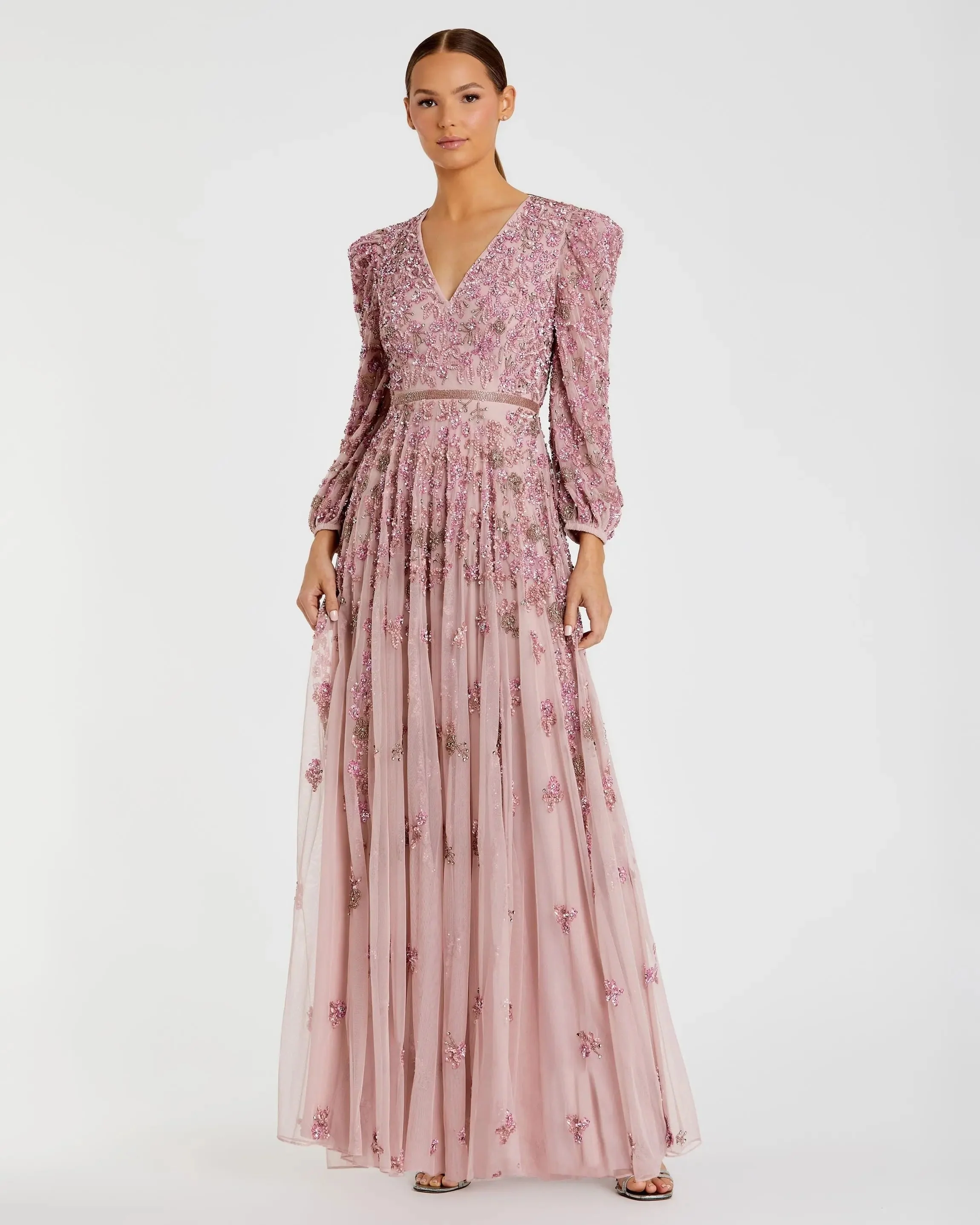 Embellished V Neck Long Sleeve A Line Gown