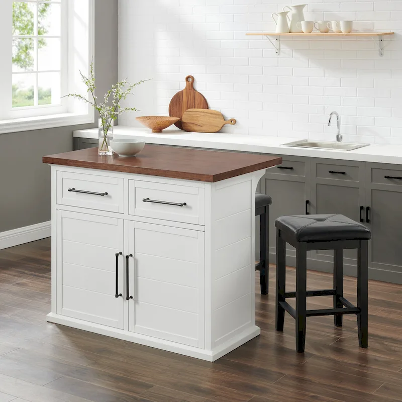 White Wood Top Kitchen Island with Seating, 2-Stool, 42W x 27D x 36H