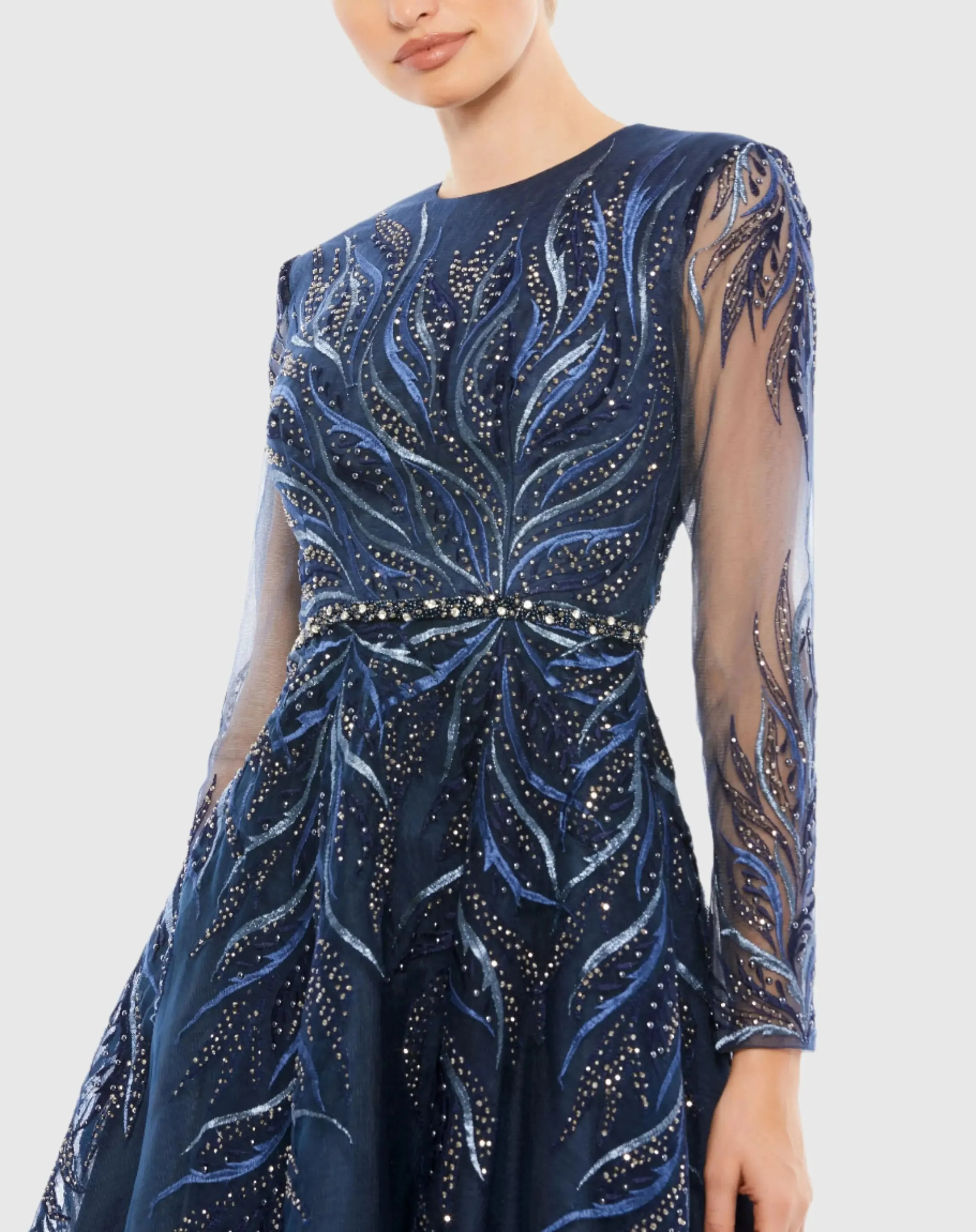 Navy Embellished Tea-Length Illusion Cocktail Dress