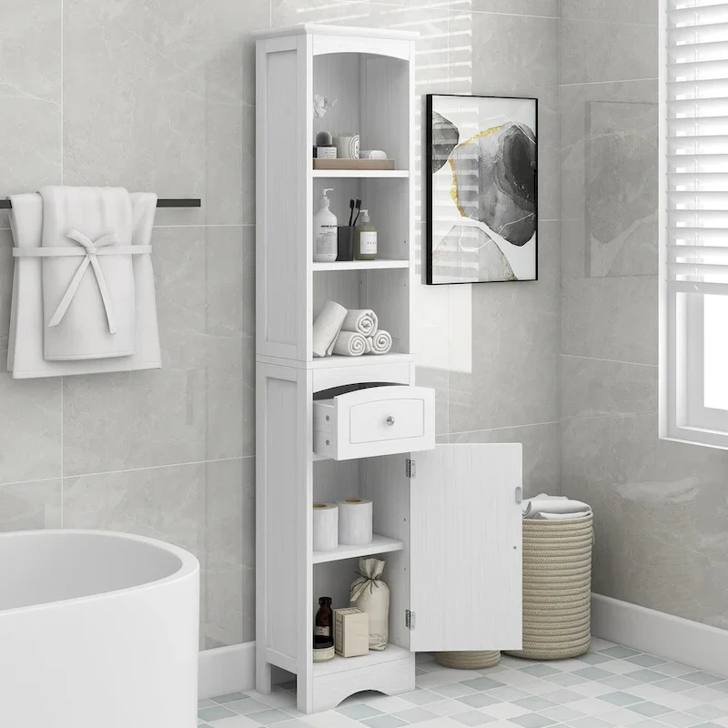 White Painted Bathroom Storage Cabinet with Drawer & Adjustable Shelf