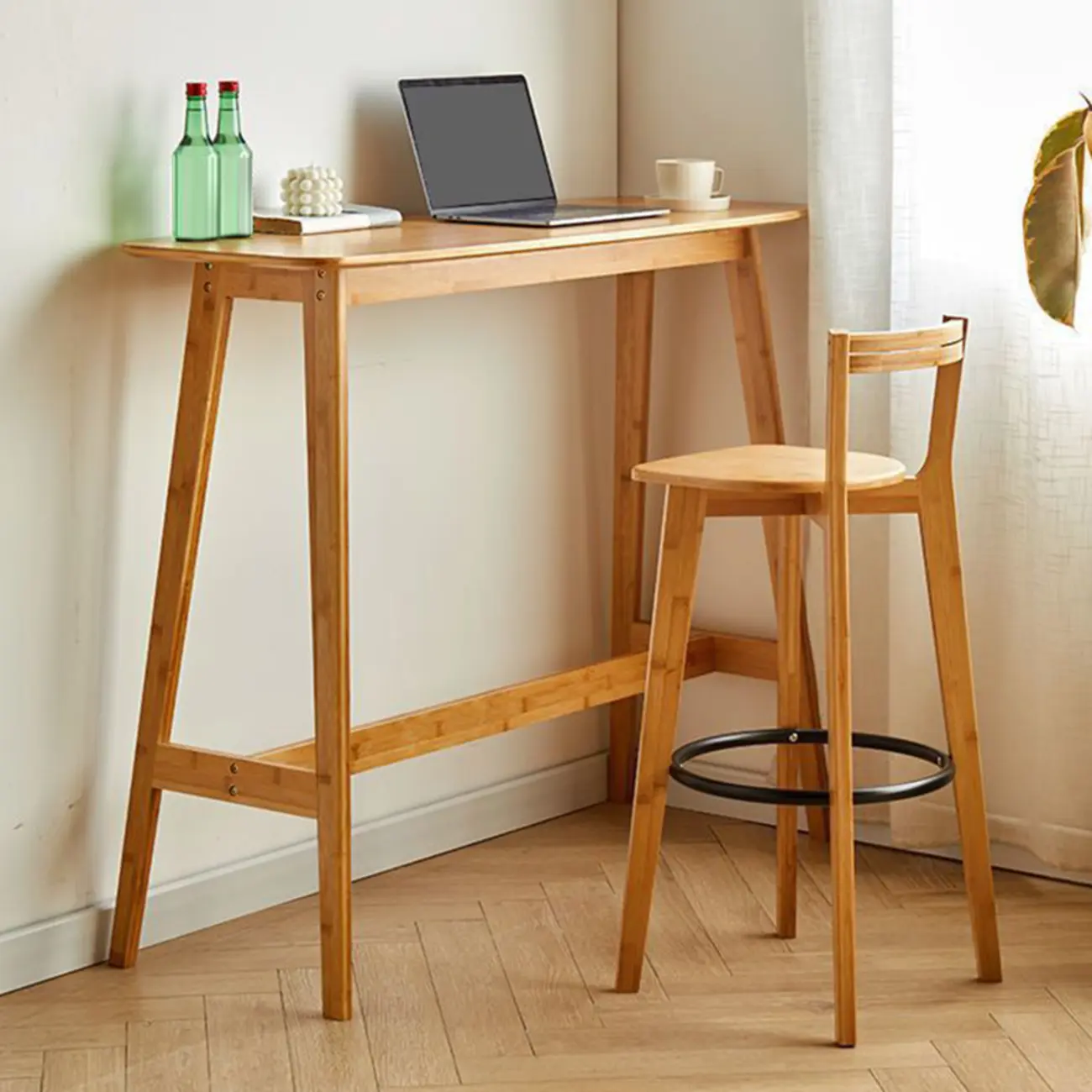 Modern Bamboo Bar Set with Footrest Stools