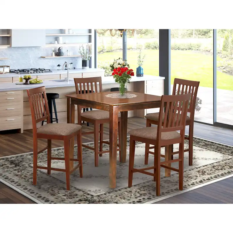 Mahogany 5-Piece Counter Height Dining Set – Square Table & 4 Chairs (Seats 4)